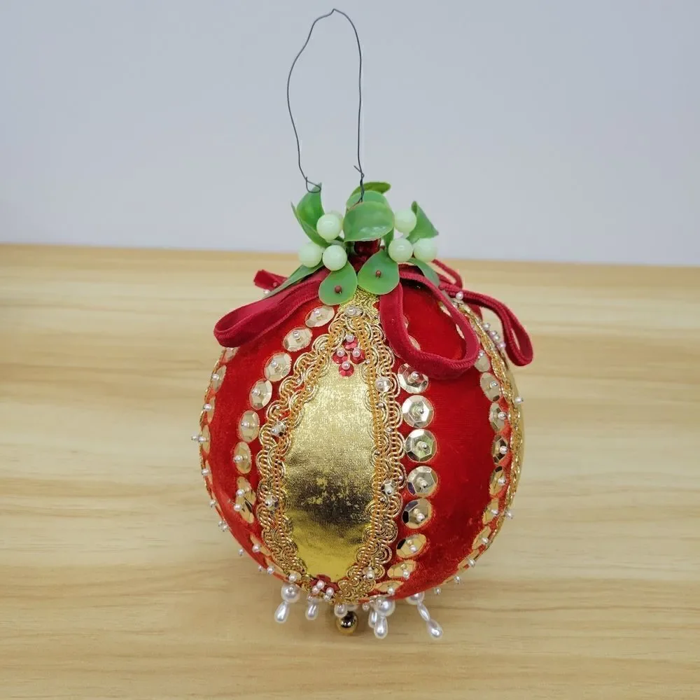 Elegant Vintage Red and Gold Pusg Pin Beaded Sequin MCM Extra Large Ornament
